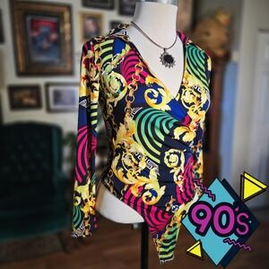 Vintage 90s Leyva's Baroque Chain Print Bodysuit Long Sleeve Wrap V-Neck Small